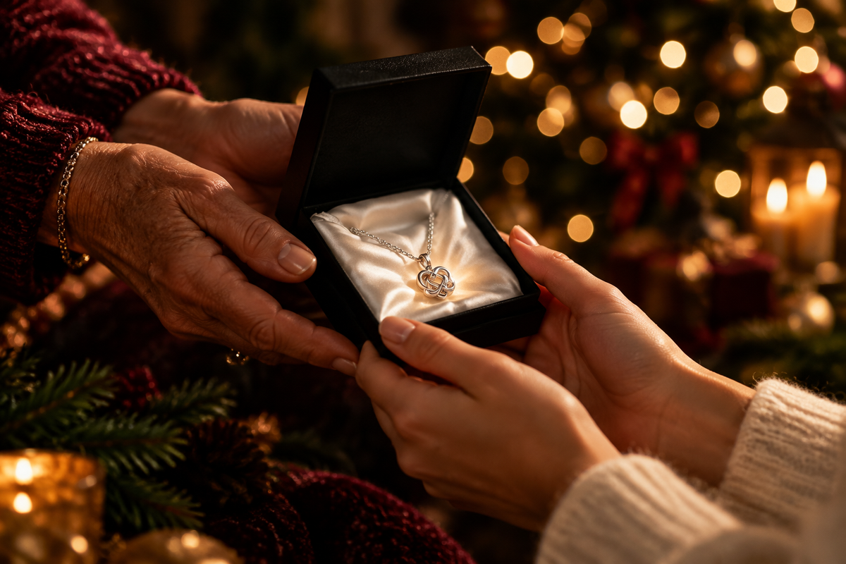 Older hands passing an open gift box with a pendant necklace to younger hands, Christmas tree lights glowing behind