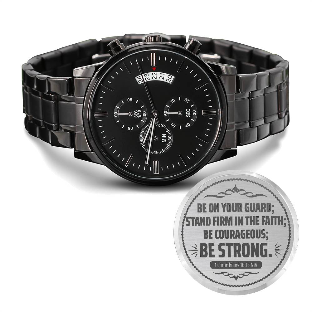 Men's Watch, Be on Your Guard, 1 Corinthians 16:13 NIV ~ men's engraved watch shown in a gift box