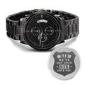 Men's Engraved Watch, We've Got Your Six, Charcoal Black, Gift Watch ~ men's engraved watch shown in a gift box