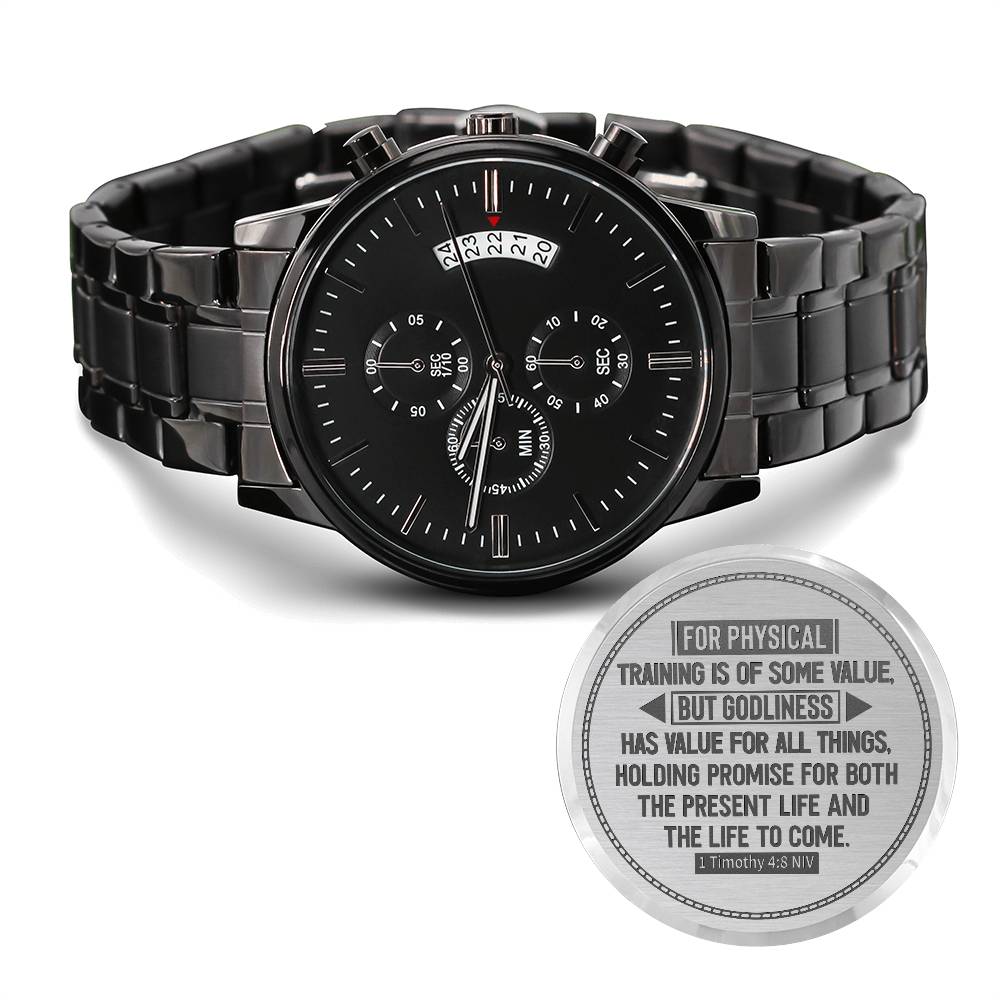 Men's Watch, Godliness Has Value for All Things, 1 Timothy 4:8 ~ men's engraved watch shown in a gift box