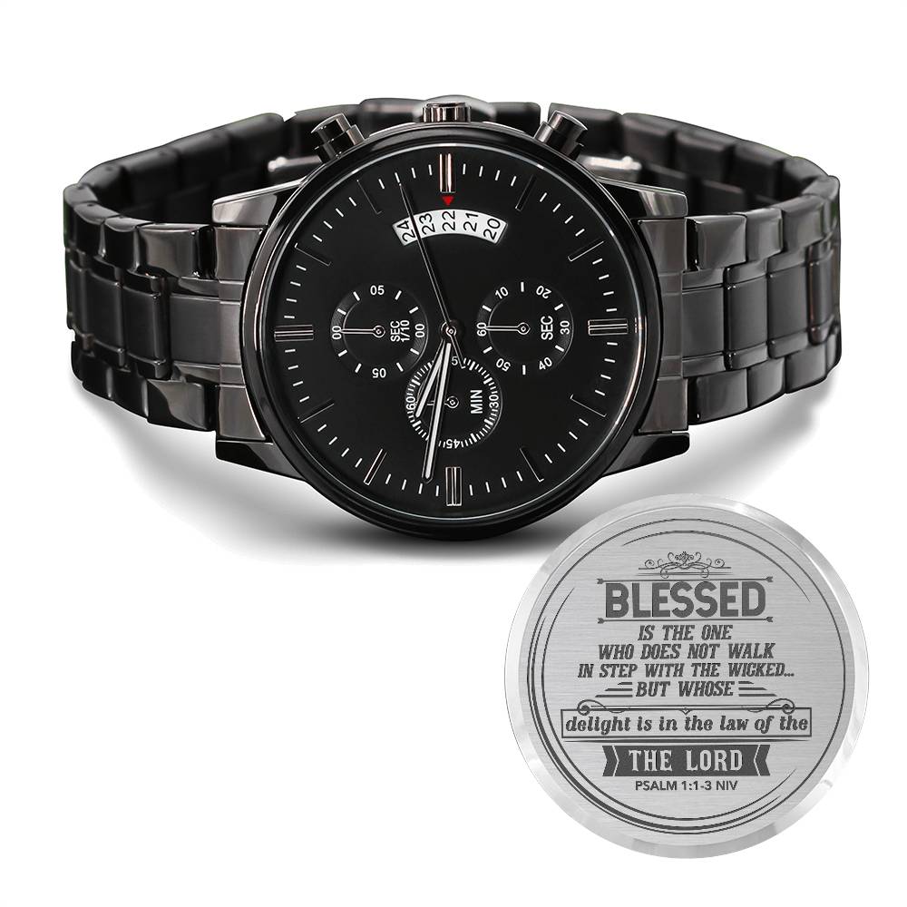 Men's Watch, Blessed is the One, Psalm 1:1-3 NIV ~ men's engraved watch shown in a gift box