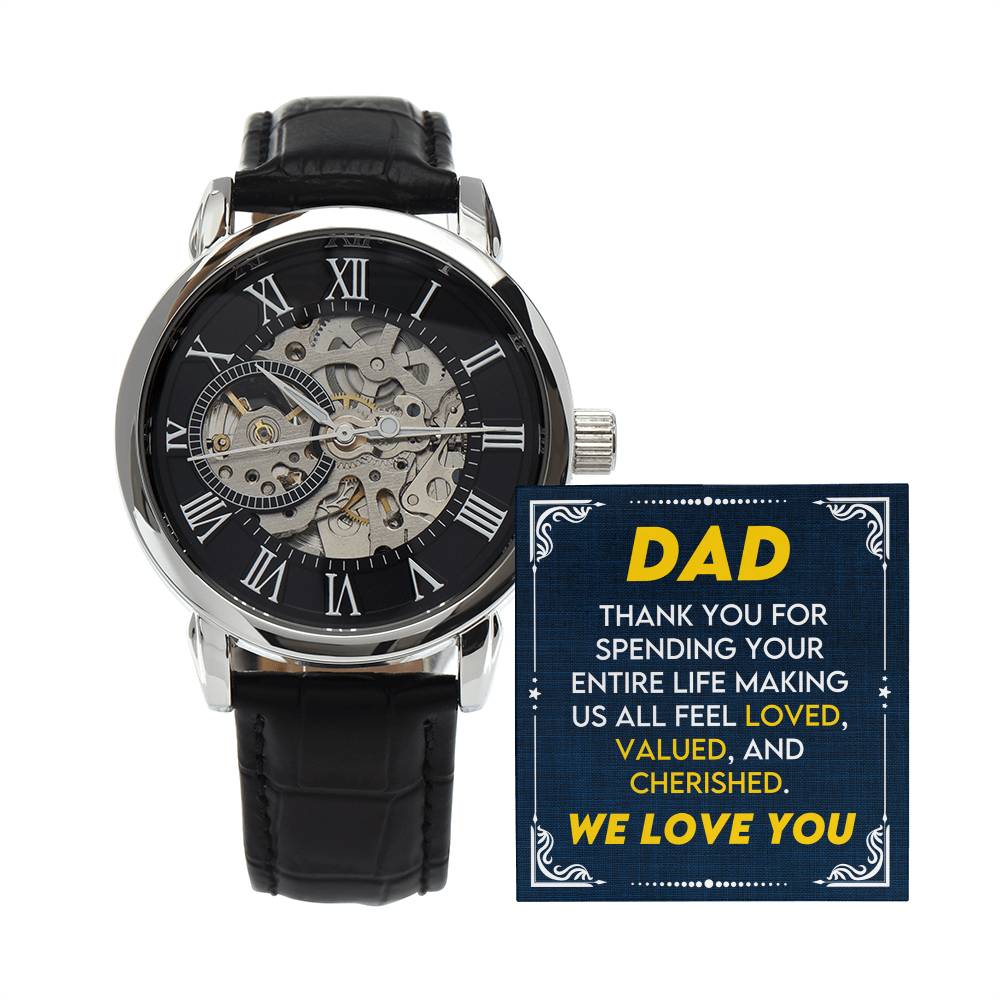 To My Dad ~ Luxury Openwork Watch ~ We Love You Gift ~ men's engraved watch shown in a gift box