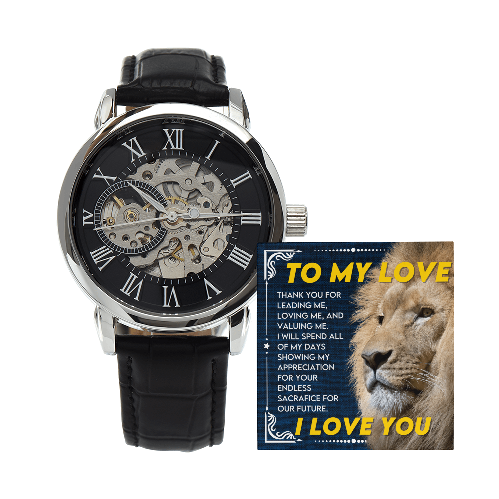 To My Love ~ Men's Openwork Watch ~ Luxury Gift from Wife to Husband ~ men's engraved watch shown in a gift box