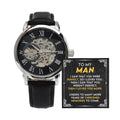 To My Man ~ Luxury Openwork Watch ~ Gift from Wife to Husband ~ men's engraved watch shown in a gift box