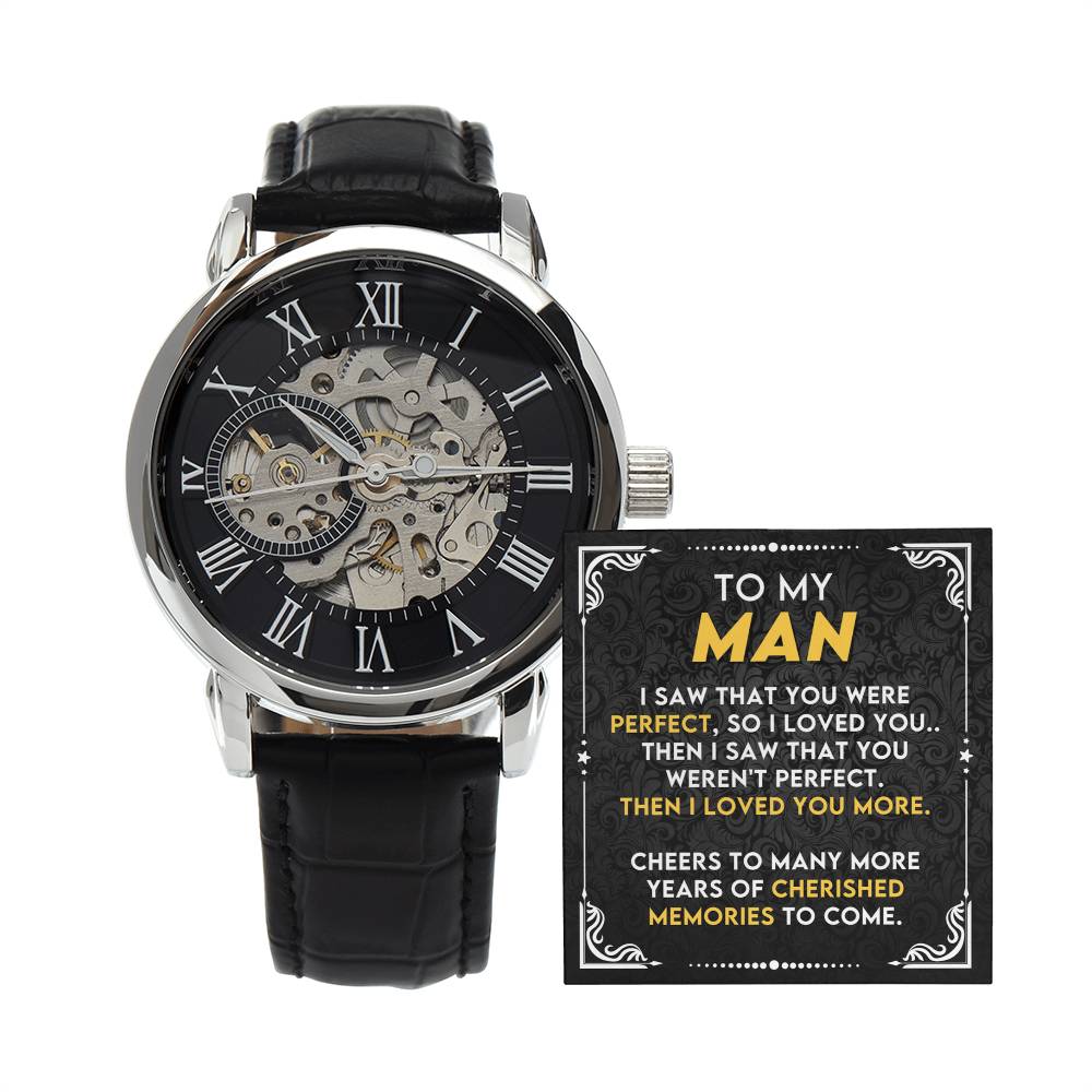 To My Man ~ Luxury Openwork Watch ~ Gift from Wife to Husband ~ men's engraved watch shown in a gift box