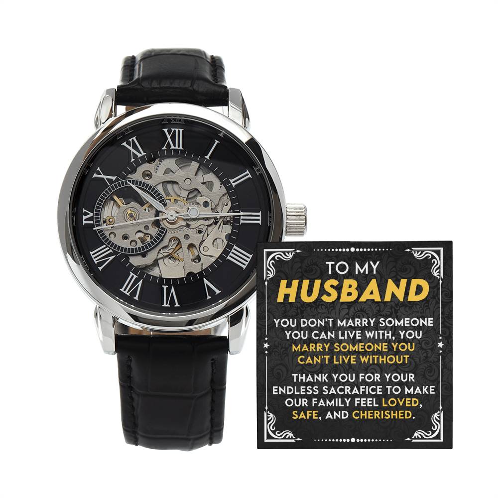 To My Husband ~ Luxury Openwork Watch ~ Heartfelt Gift from Wife ~ men's engraved watch shown in a gift box