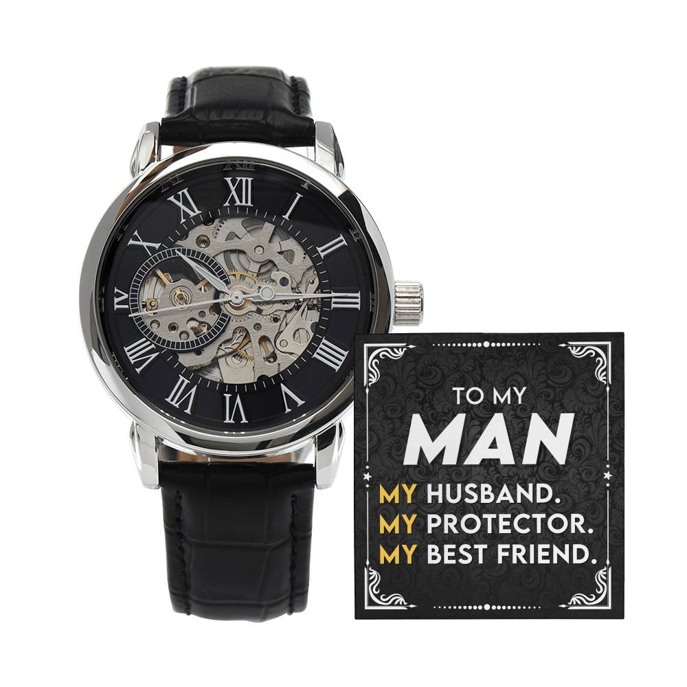 To My Man ~ Luxury Openwork Watch ~ My Husband, My Protector, My Best Friend ~ men's engraved watch shown in a gift box