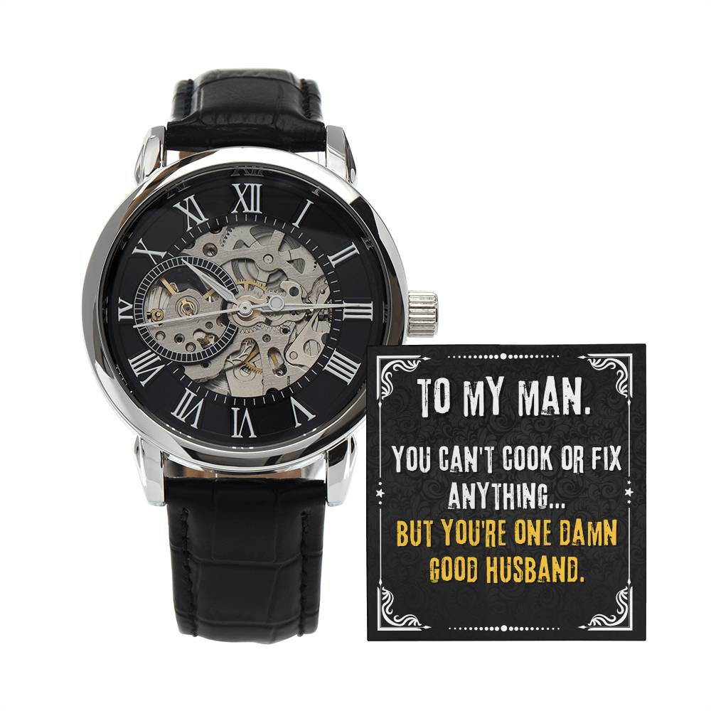 To My Man ~ Luxury Openwork Watch ~ Funny & Heartfelt Gift from Wife ~ men's engraved watch shown in a gift box