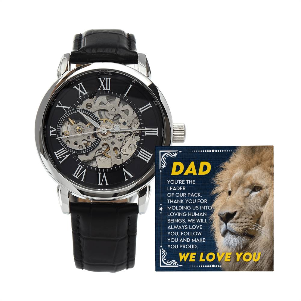 To My Dad ~ Luxury Openwork Watch ~ Leader of Our Pack, We Love You ~ men's engraved watch shown in a gift box