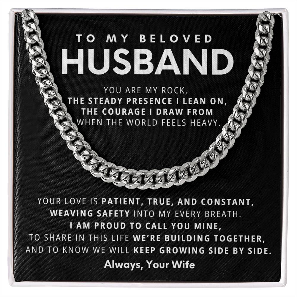 To My Husband ~ Cuban Link Chain ~ You Are My Rock ~ necklace shown with its message card in a gift box