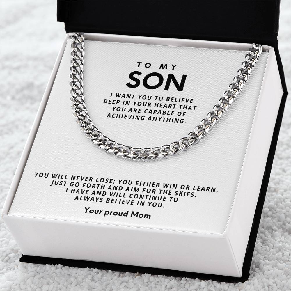 To my Son, You will never lose; you either win or learn ~ keepsake gift shown in a gift box