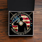 Warning: This Daughter Is Protected by a Veteran Mom ~ Love Knot Neckla ~ necklace shown with its message card in a gift box