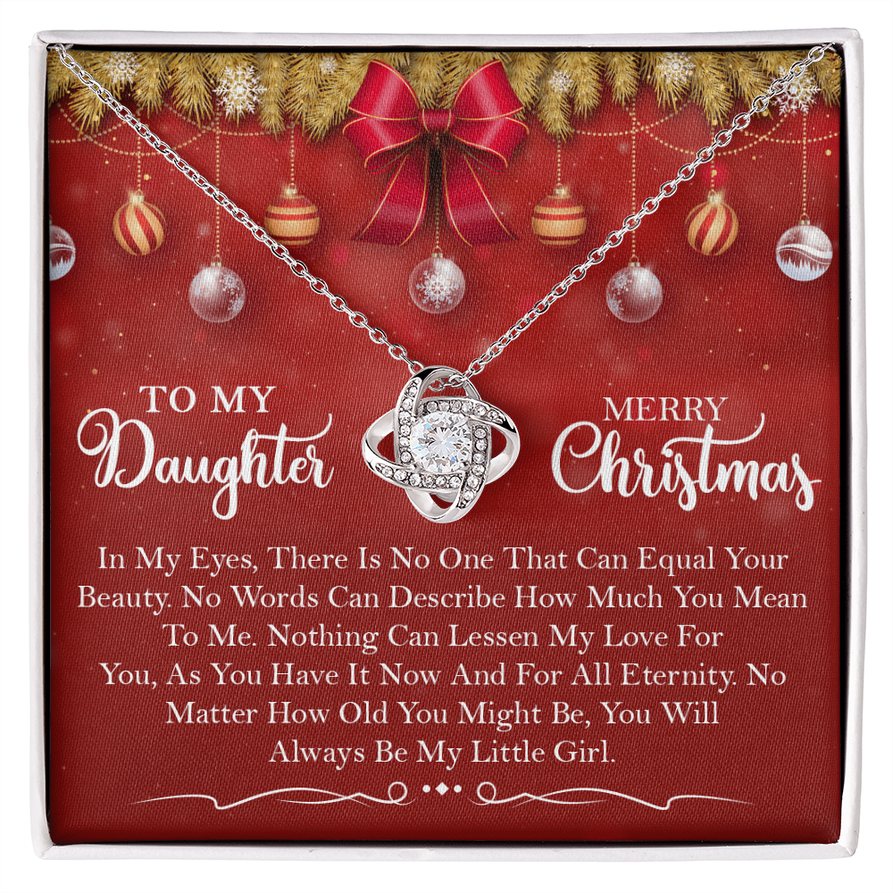 Christmas Love Knot Necklace for Daughter ~ A Gift from Mom ~ necklace shown with its message card in a gift box