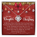 Christmas Love Knot Necklace for Daughter ~ A Gift from Mom ~ necklace shown with its message card in a gift box