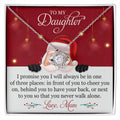 Christmas Love Knot Necklace for Daughter ~ A Promise from Mom ~ necklace shown with its message card in a gift box