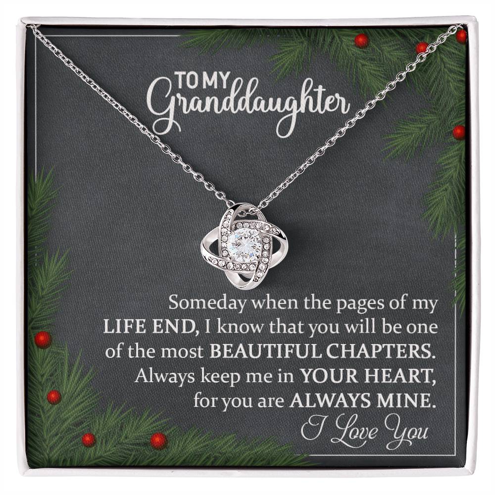 Christmas-GrandDaughter Love knot Necklace ~ necklace shown with its message card in a gift box