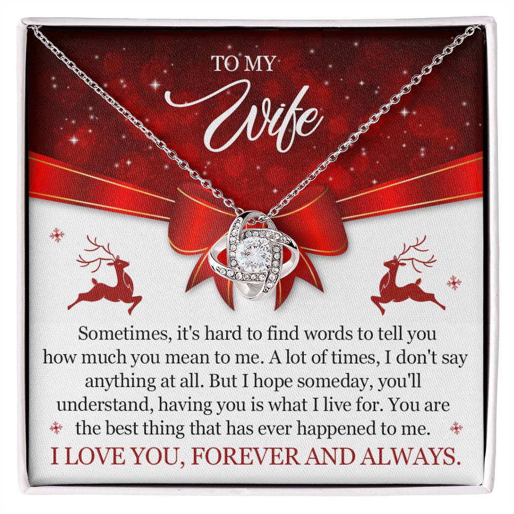 Christmas Gift for Wife ~ Love Knot Necklace ~ Hard to Find Words ~ necklace shown with its message card in a gift box