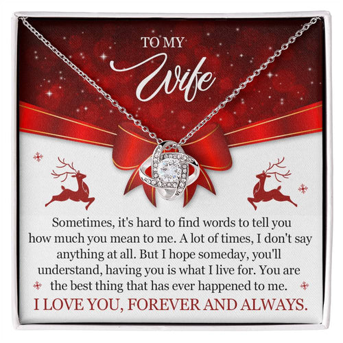 Christmas Gift for Wife ~ Love Knot Necklace ~ Hard to Find Words ~ necklace shown with its message card in a gift box