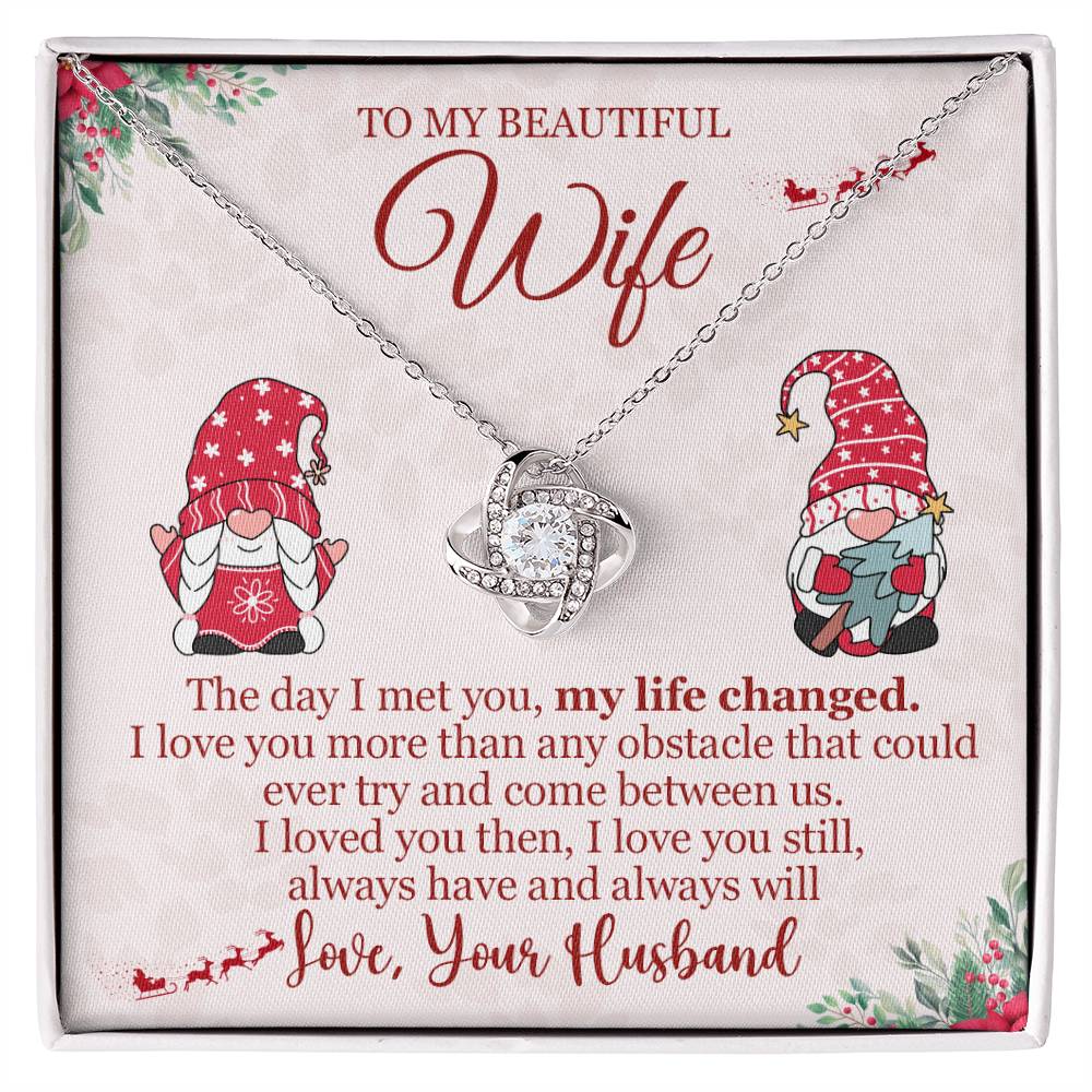 Christmas Gift for Wife ~ Love Knot Necklace ~ The Day I Met You ~ necklace shown with its message card in a gift box