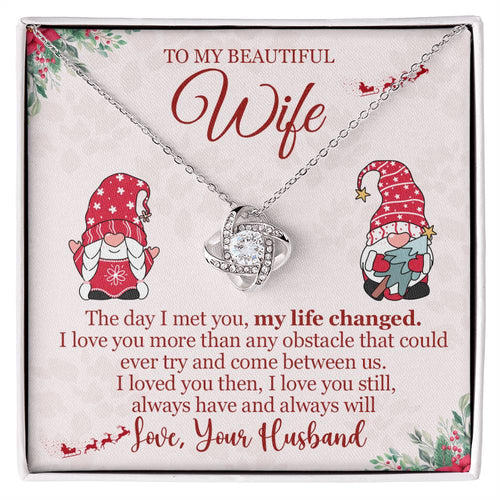Christmas Gift for Wife ~ Love Knot Necklace ~ The Day I Met You ~ necklace shown with its message card in a gift box
