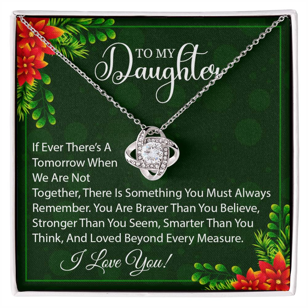Christmas Love Knot Necklace for Daughter ~ Braver Than You Know ~ necklace shown with its message card in a gift box