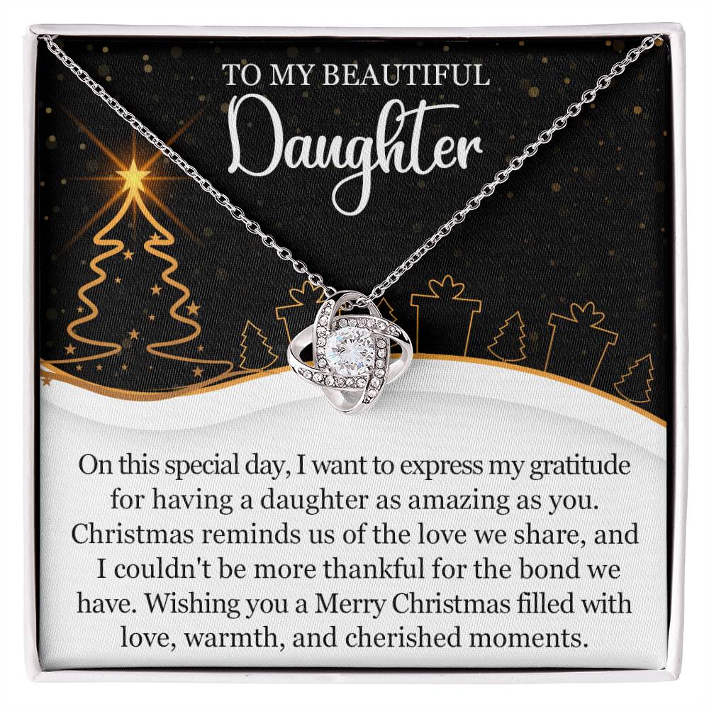 Christmas Love Knot Necklace for Daughter ~ A Gift of Gratitude ~ necklace shown with its message card in a gift box