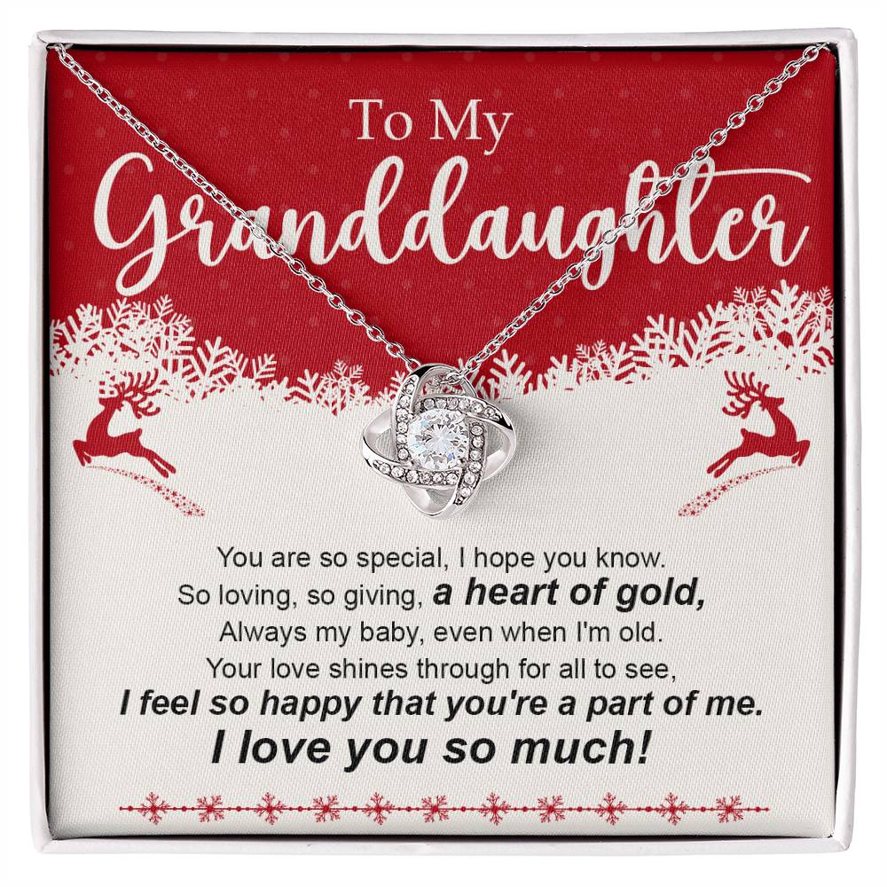 Christmas Love Knot Necklace for Granddaughter ~ You Are So Special ~ necklace shown with its message card in a gift box