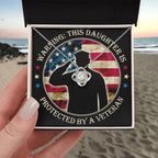 Warning: This Daughter Is Protected by a Veteran Mom ~ Love Knot Neckla ~ necklace shown with its message card in a gift box