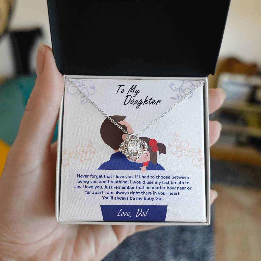 To My Daughter ~ Love Knot Necklace ~ You'll Always Be My Baby Girl ~ necklace shown with its message card in a gift box