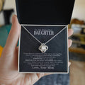 To My Daughter ~ Love Knot Necklace ~ Braver Than You Believe ~ necklace shown with its message card in a gift box