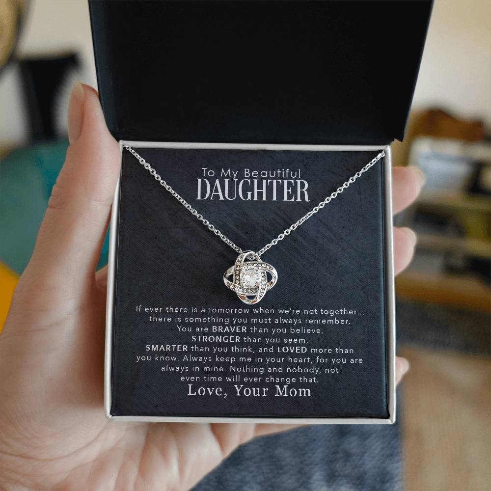 To My Daughter ~ Love Knot Necklace ~ Braver Than You Believe ~ necklace shown with its message card in a gift box