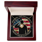 Warning: This Daughter Is Protected by a Veteran Mom ~ Love Knot Neckla ~ necklace shown with its message card in a gift box