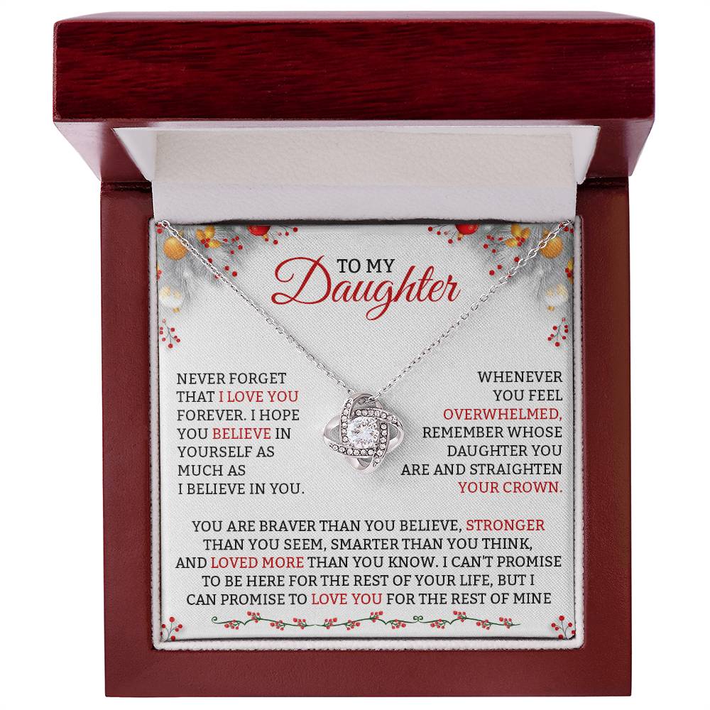 Love Knot Necklace for Daughter ~ Loved More Than You Know ~ necklace shown with its message card in a gift box