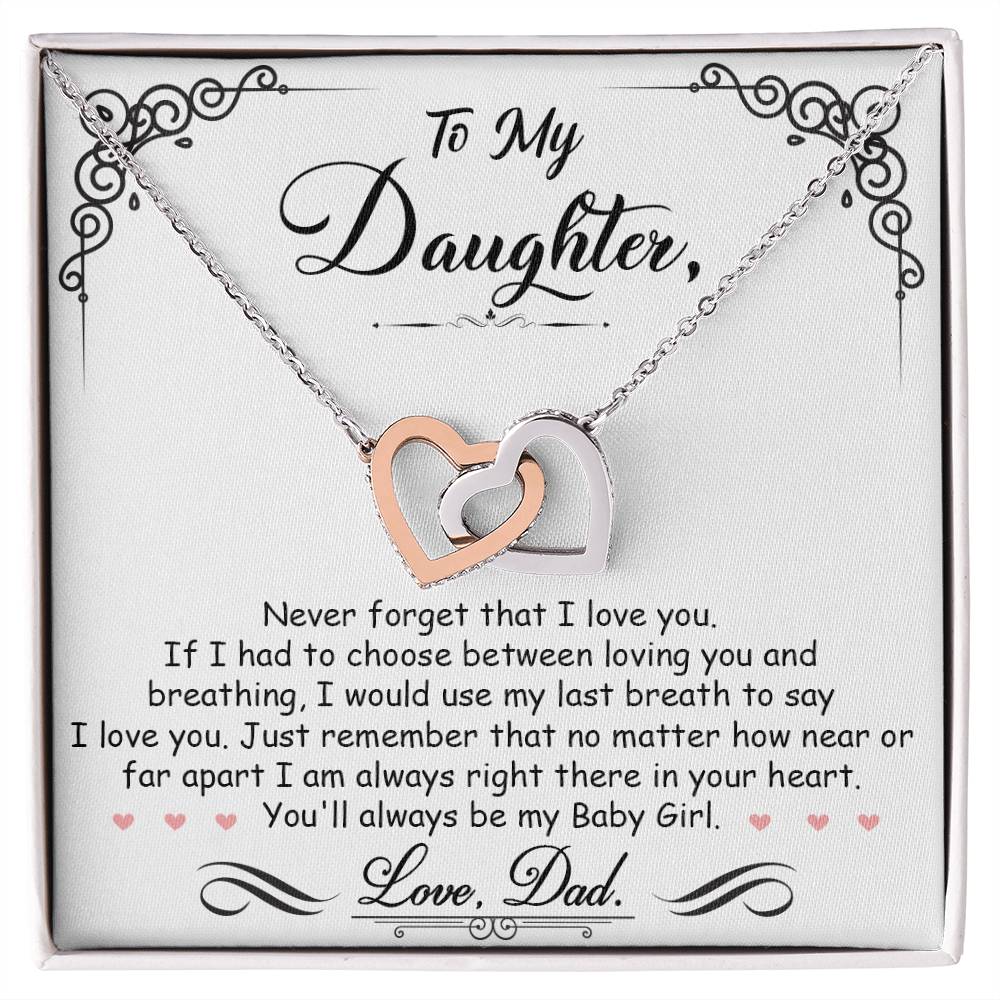 My Baby Girl ~ Interlocking Heart Necklace ~ necklace shown with its message card in a gift box