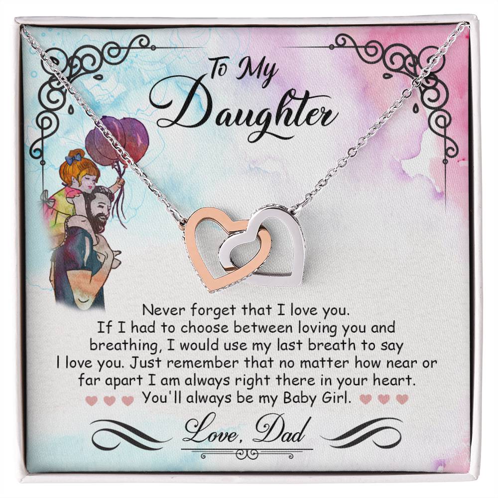 My Baby Girl ~ Interlocking Heart Necklace ~ necklace shown with its message card in a gift box