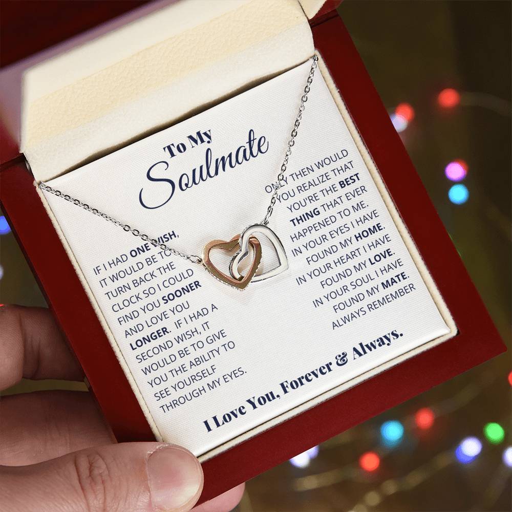 To My Soulmate ~ Interlocking Hearts Necklace ~ Forever & Always ~ necklace shown with its message card in a gift box