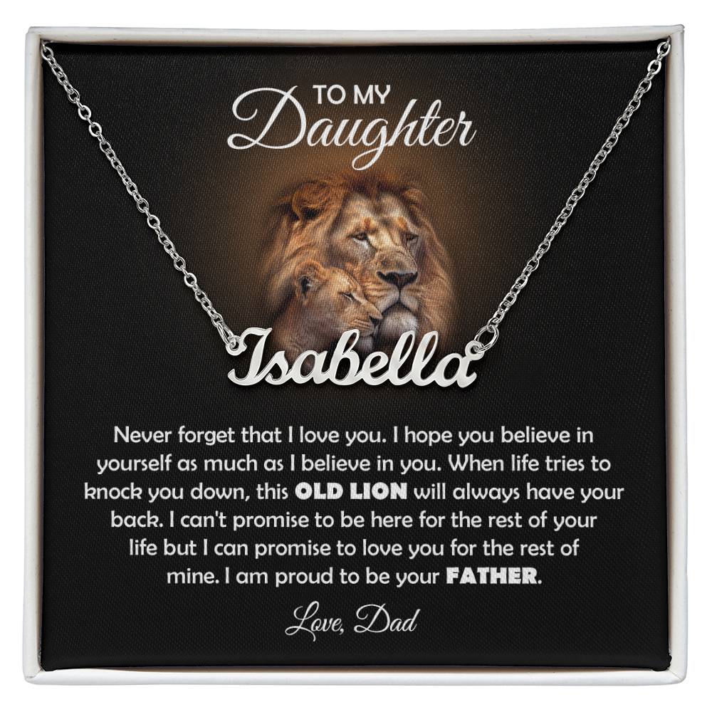 To My Daughter Old Lion Name Necklace Gift Set ~ necklace shown with its message card in a gift box