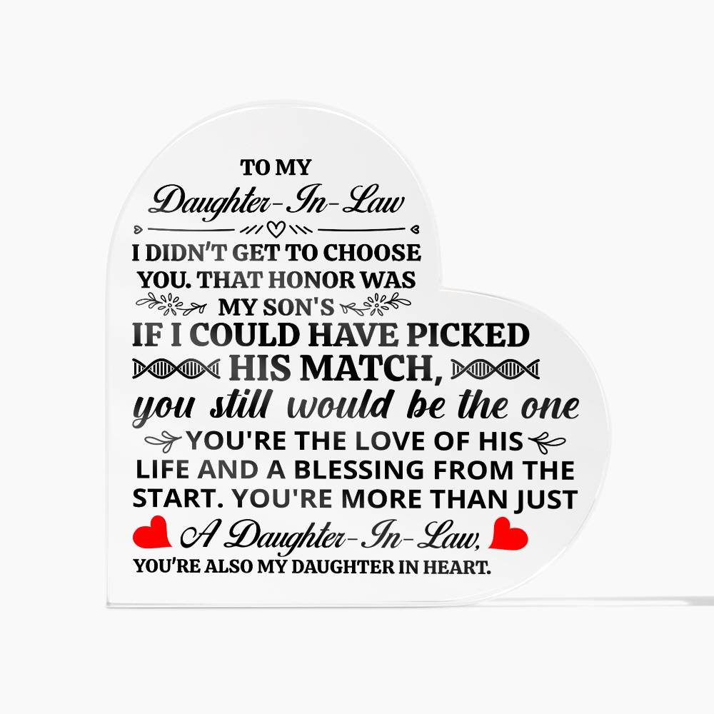 To My Daughter In Law Honor Heart Acrylic Plaque ~ acrylic keepsake plaque with a printed message