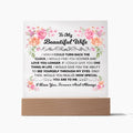 To My Beautiful Wife ~ Lighted Square Plaque ~ Love You Longer ~ acrylic keepsake plaque with a printed message