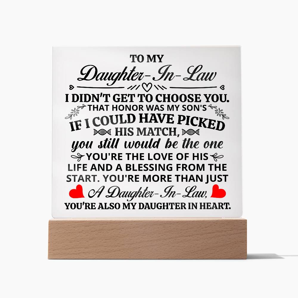 To My Daughter In Law Honor Square Acrylic ~ keepsake gift shown in a gift box