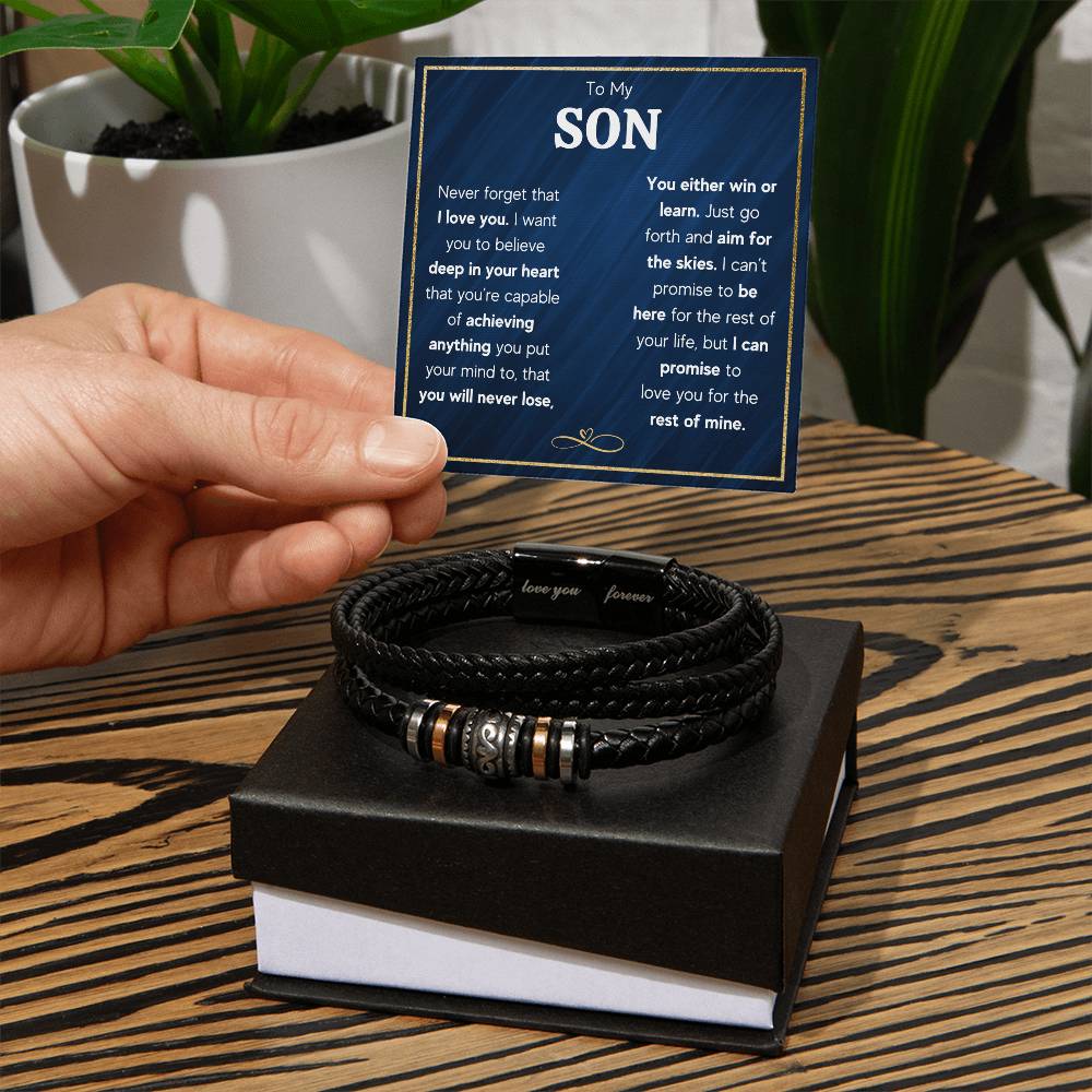To My Son Skies Bracelet ~ bracelet shown with its message card in a gift box