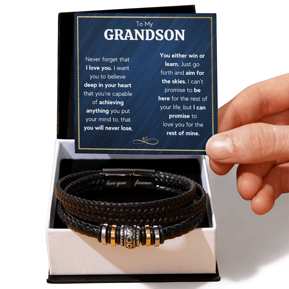 Love You Forever To My Grandson Bracelet Achieve Anything ~ bracelet shown with its message card in a gift box