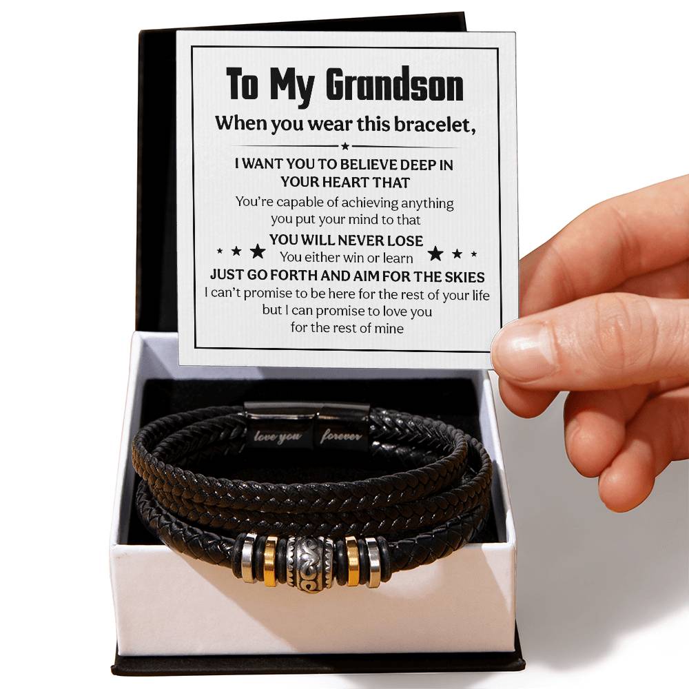 Love You Forever To My Grandson Bracelet Believe Deep ~ bracelet shown with its message card in a gift box