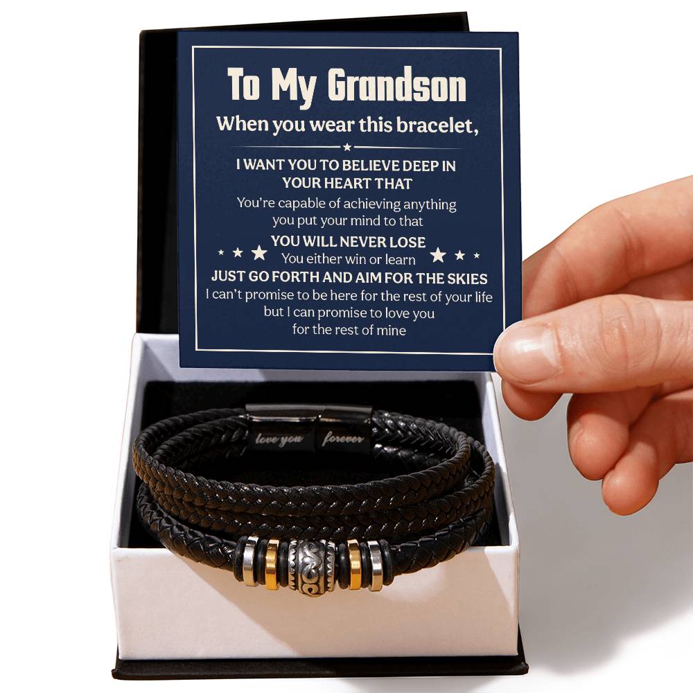 Love You Forever To My Grandson Bracelet Will Never Lose ~ bracelet shown with its message card in a gift box