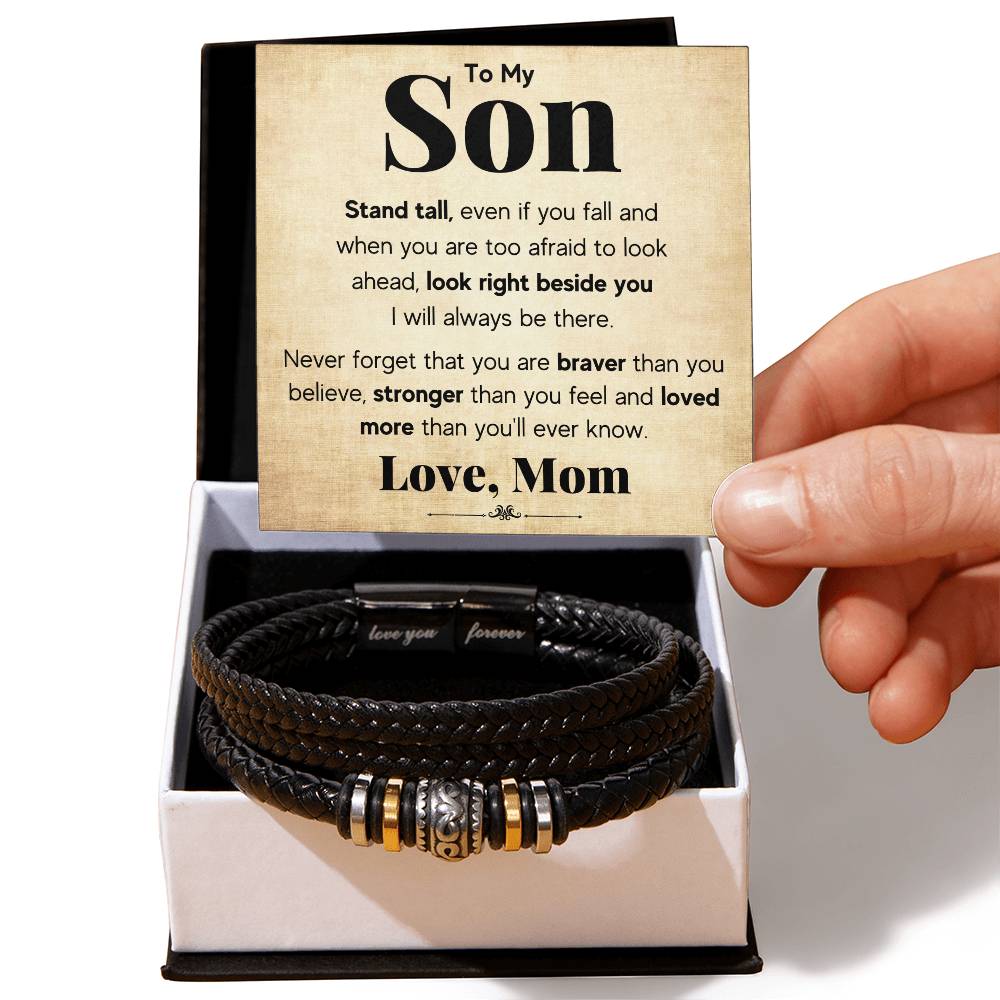 To My Son Stand Tall Bracelet ~ bracelet shown with its message card in a gift box