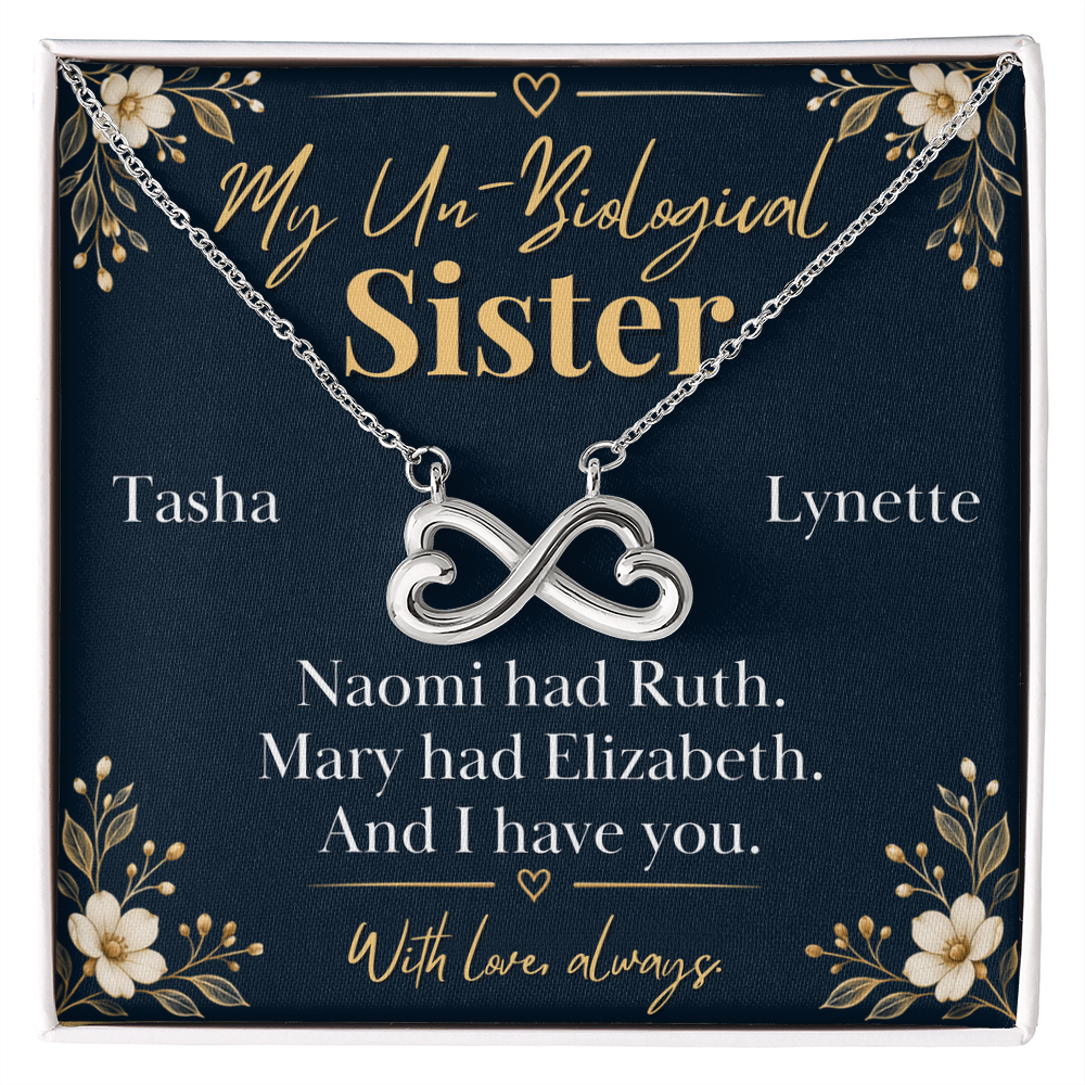 Personalized Un-Biological Sister Infinity Necklace ~ Christian Best Fr ~ necklace shown with its message card in a gift box