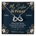 Prayer Partner Gift for Her ~ Personalized Sister in Christ Infinity Ne ~ necklace shown with its message card in a gift box