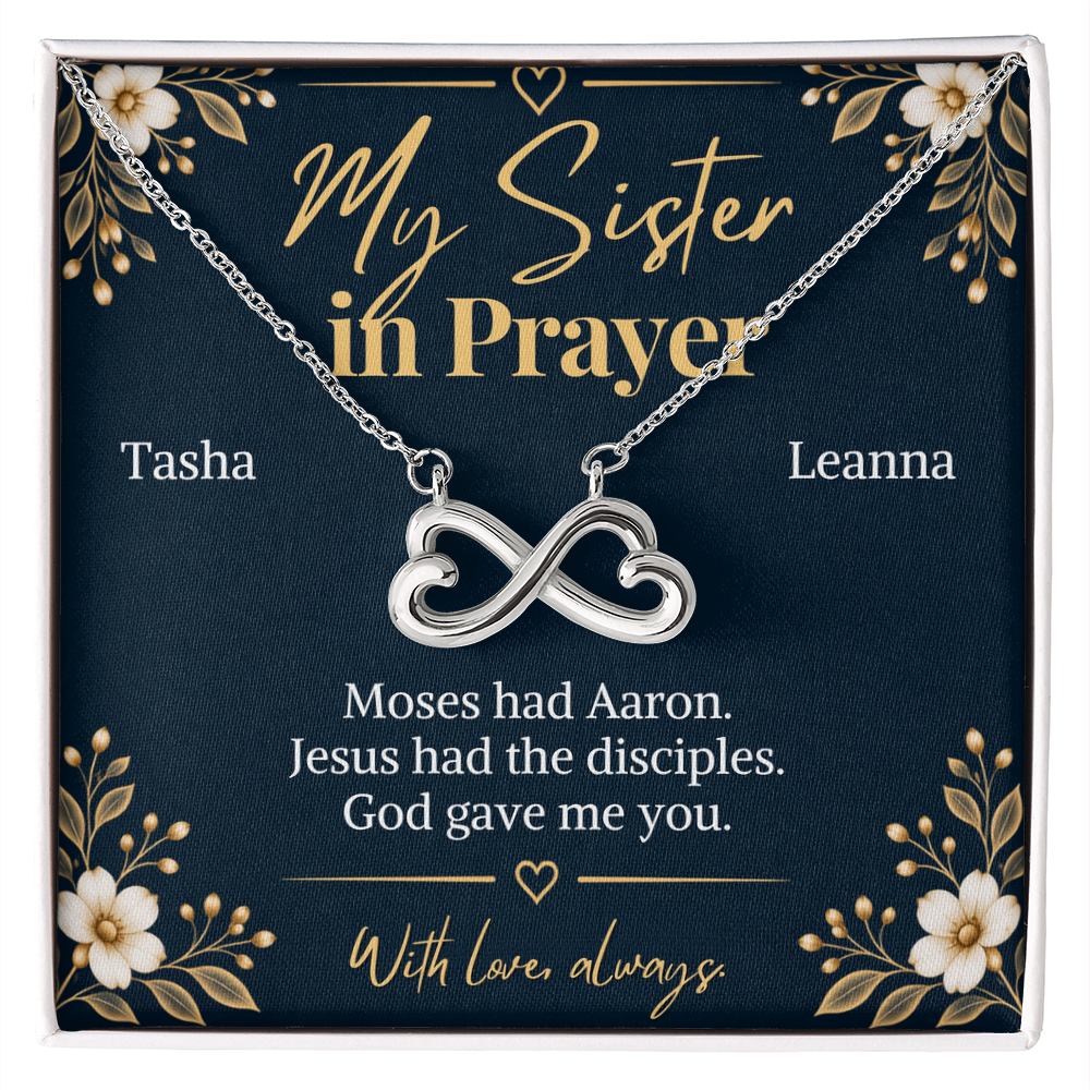 Prayer Partner Gift for Her ~ Personalized Sister in Christ Infinity Ne ~ necklace shown with its message card in a gift box