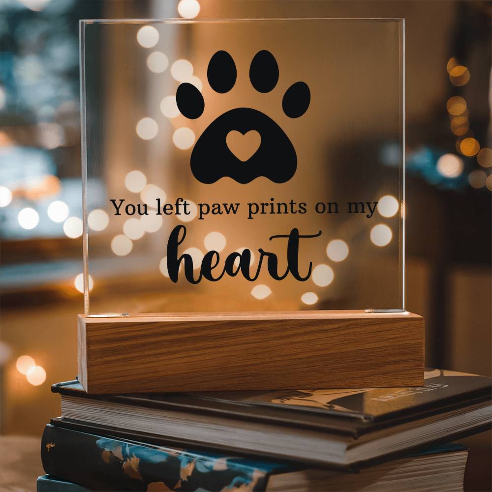 Keepsake Acrylic Bundle ~ You Left Pawprints In My Heart ~ keepsake gift shown in a gift box