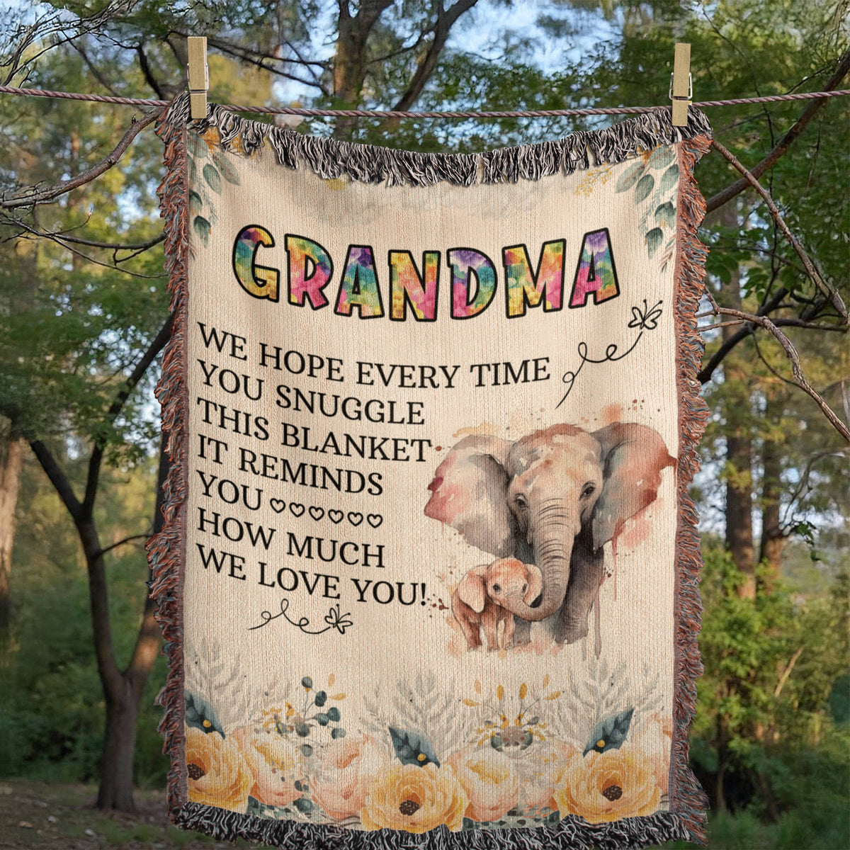 To My Grandma ~ Elephant Woven Blanket ~ woven blanket with the message woven into the cloth